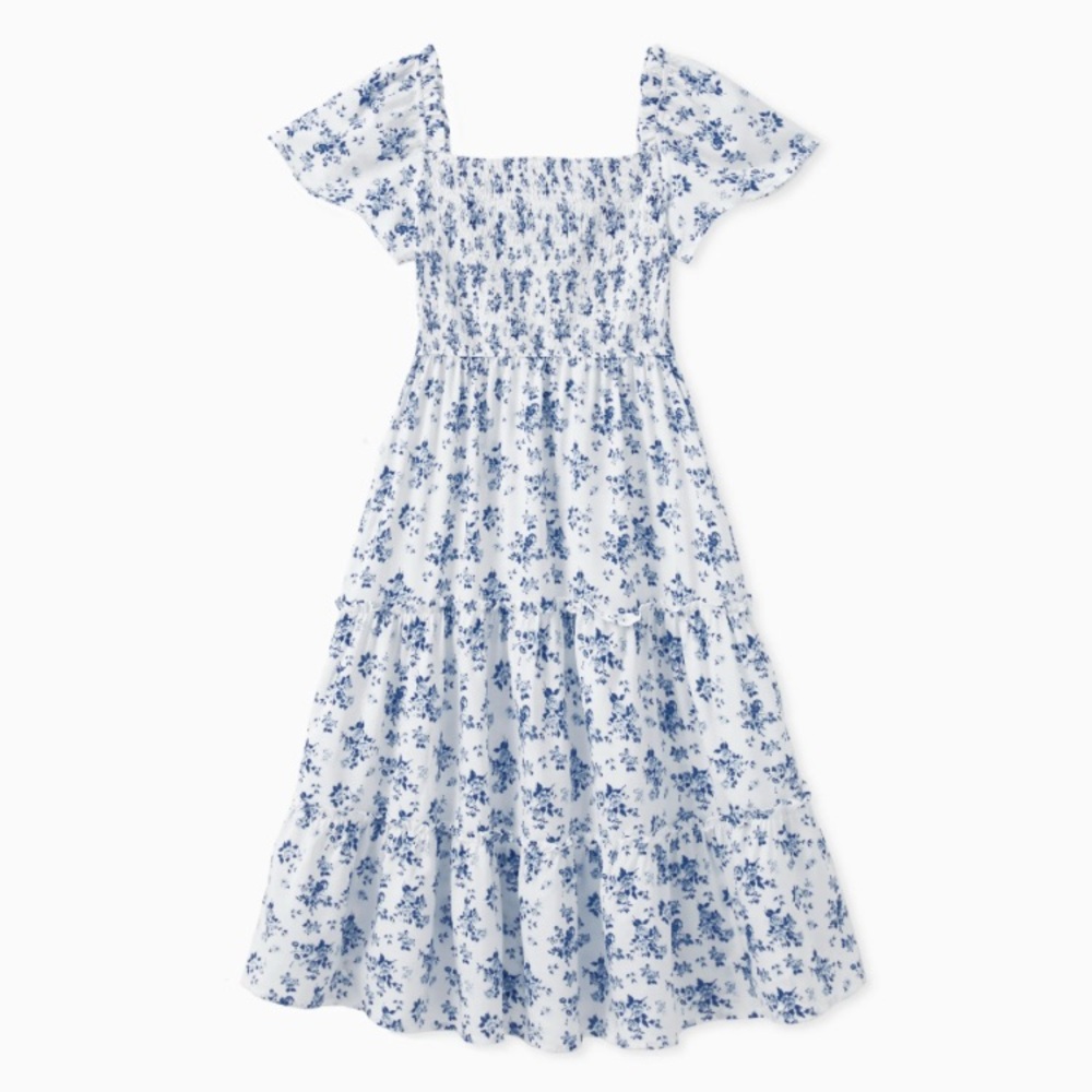 Elegant Blue Floral Smocking Puff Sleeves Women Dress